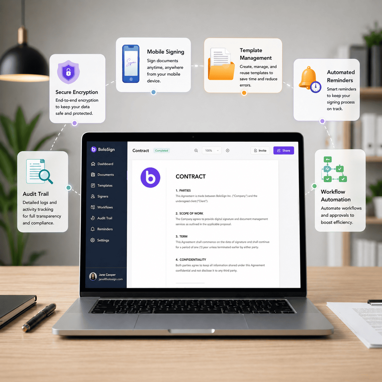 Explore all 33+ BoloSign features: Bulk Send, Reusable Templates, Automated Reminders, Audit Trail, Custom Branding, API & Webhooks, Team Collaboration, and more. Start your free trial today.