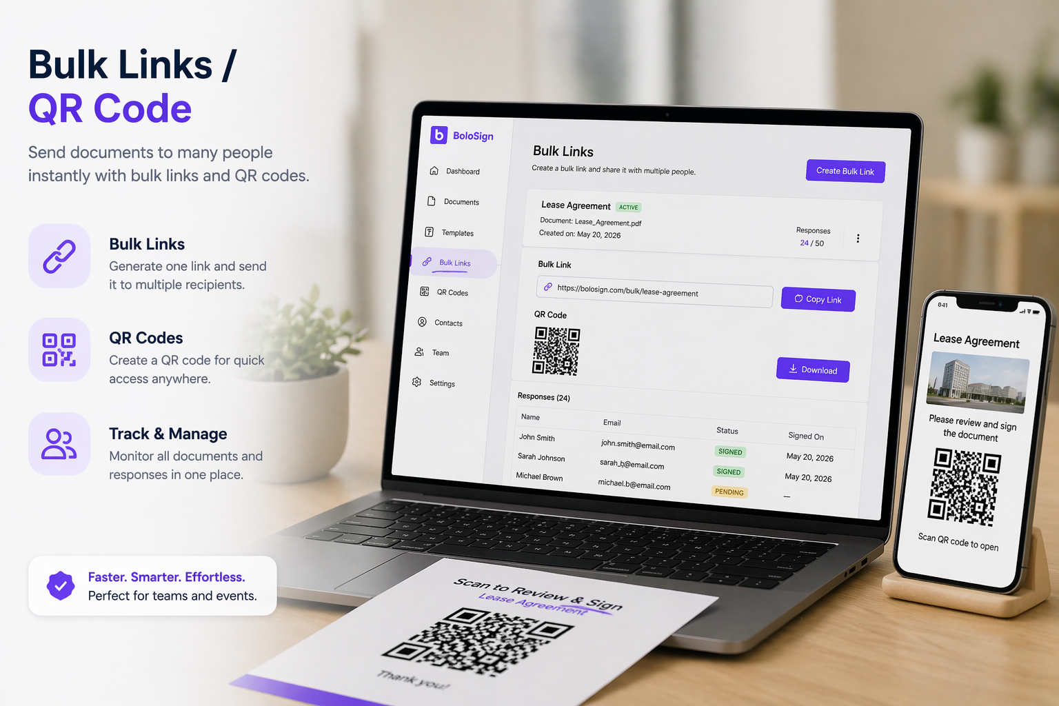 Bulk Links / QR Code: Generate shareable signing links and QR codes for any form | BoloSign