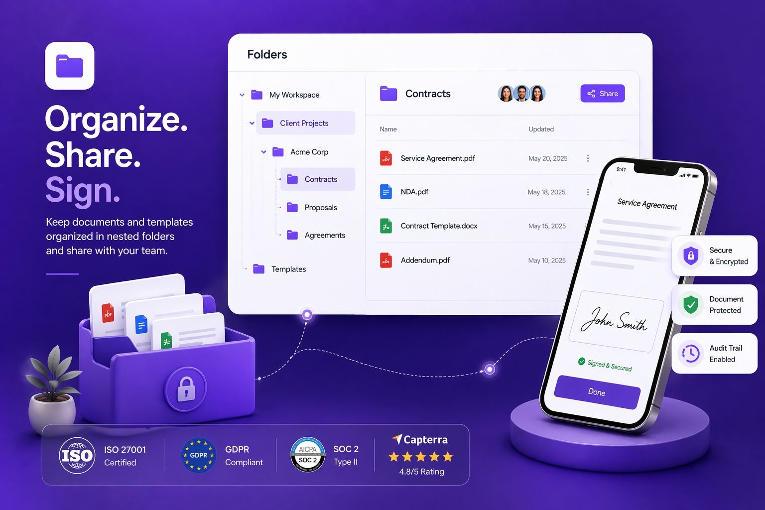 Folders: Organise documents and templates into folders for easy access | BoloSign