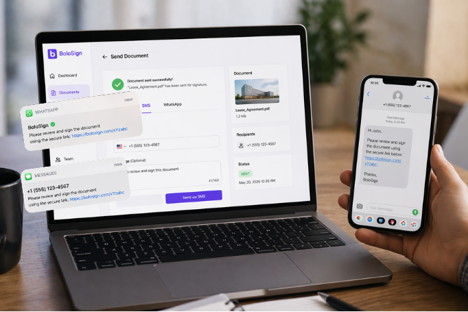 SMS & WhatsApp Delivery: Send signing requests via text message for 98% open rates | BoloSign