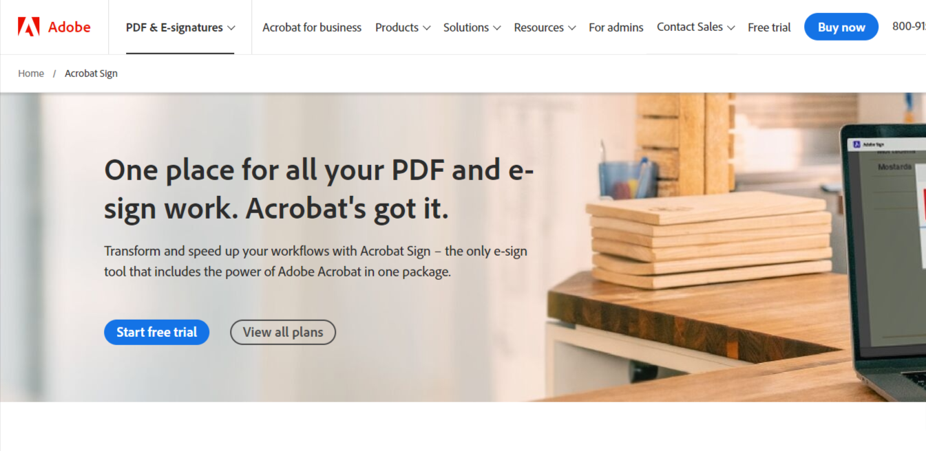 Adobe Acrobat Sign homepage promoting its PDF and e-signature solutions with a free trial offer.