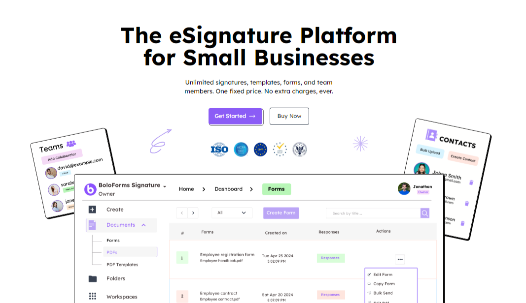 BoloSign homepage showcasing their eSignature platform with a clean and modern design.