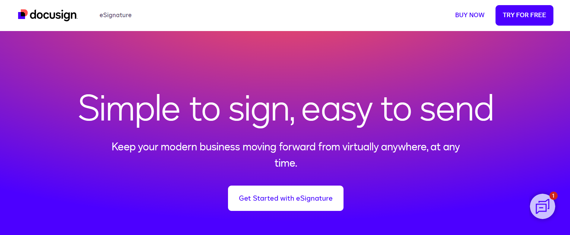 DocuSign homepage highlighting their complete contract management solutions with a vibrant purple background.