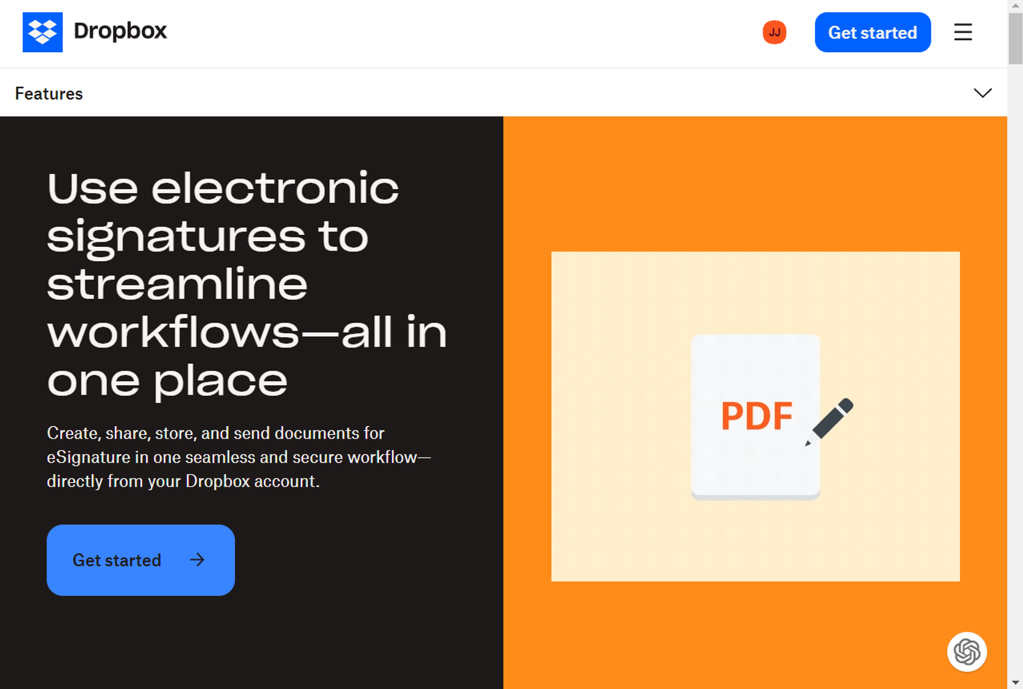 Dropbox eSignature service promoting streamlined workflows with a 'Get started' button.