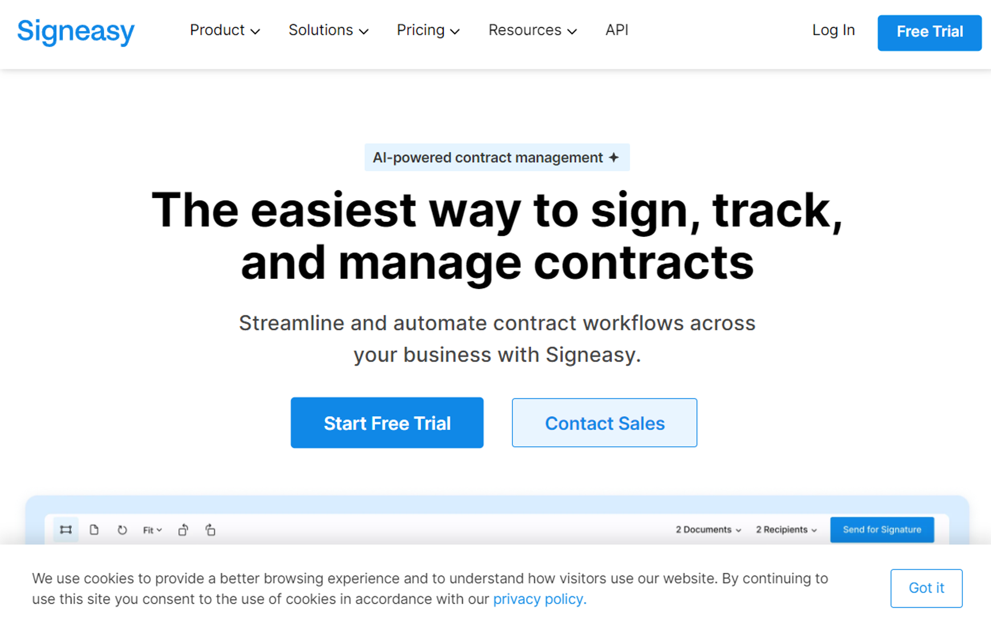 SignEasy homepage promoting easy contract management with AI-powered tools and a free trial.