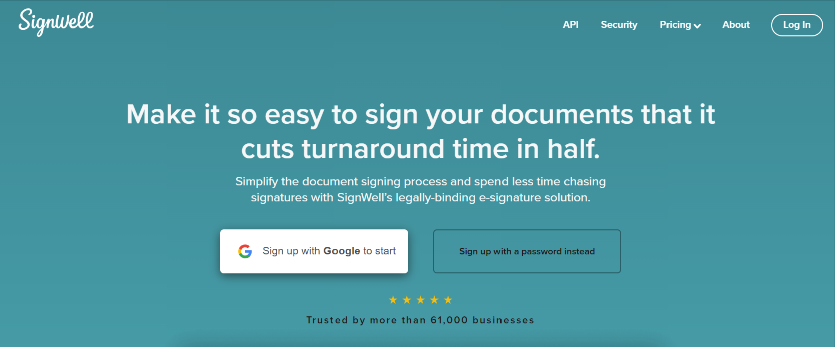 Signwell homepage highlighting ease of document signing to reduce turnaround time, with a sign-up option using Google.