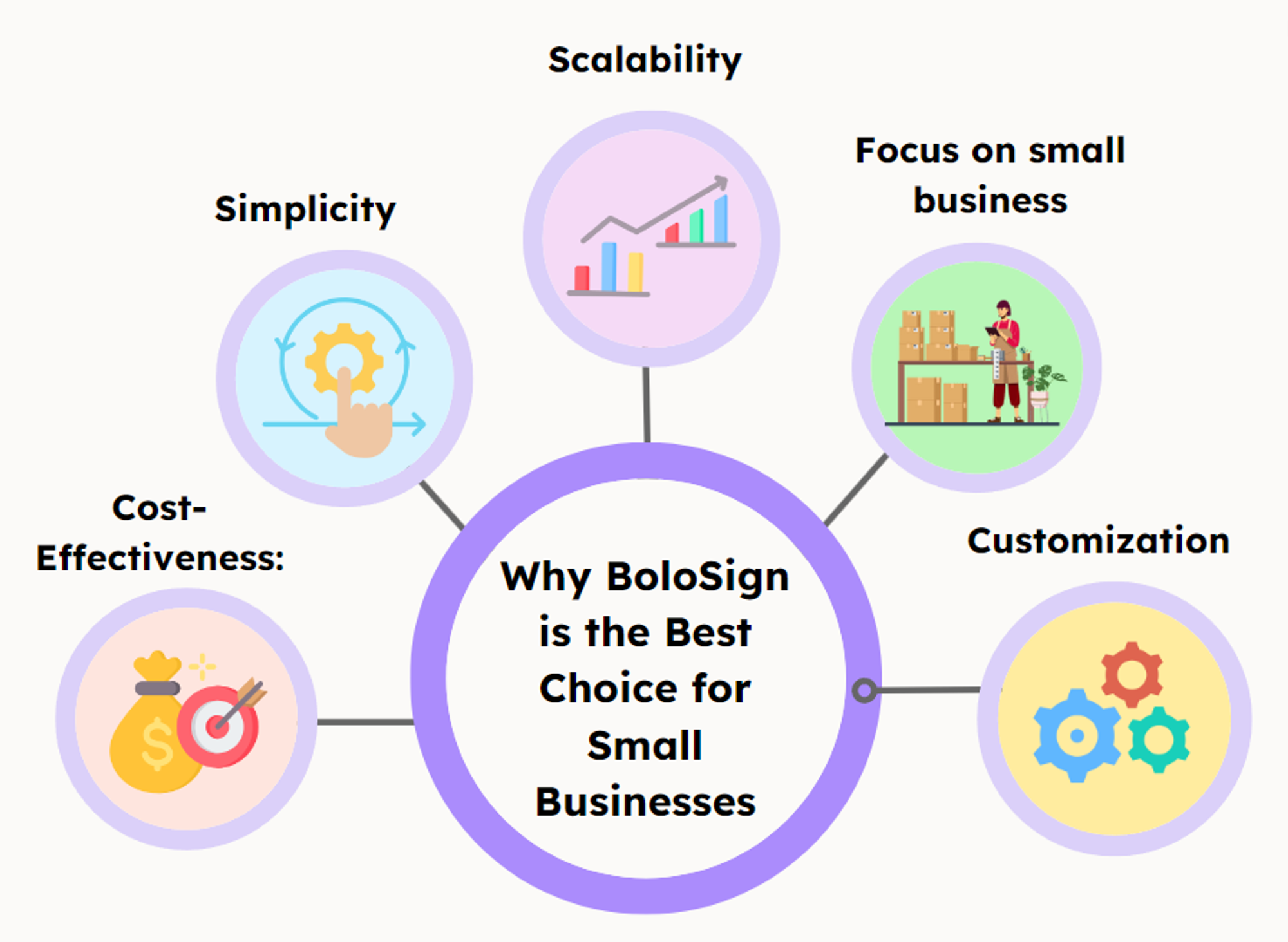 Infographic highlighting reasons why BoloSign is ideal for small businesses, including scalability and customization.