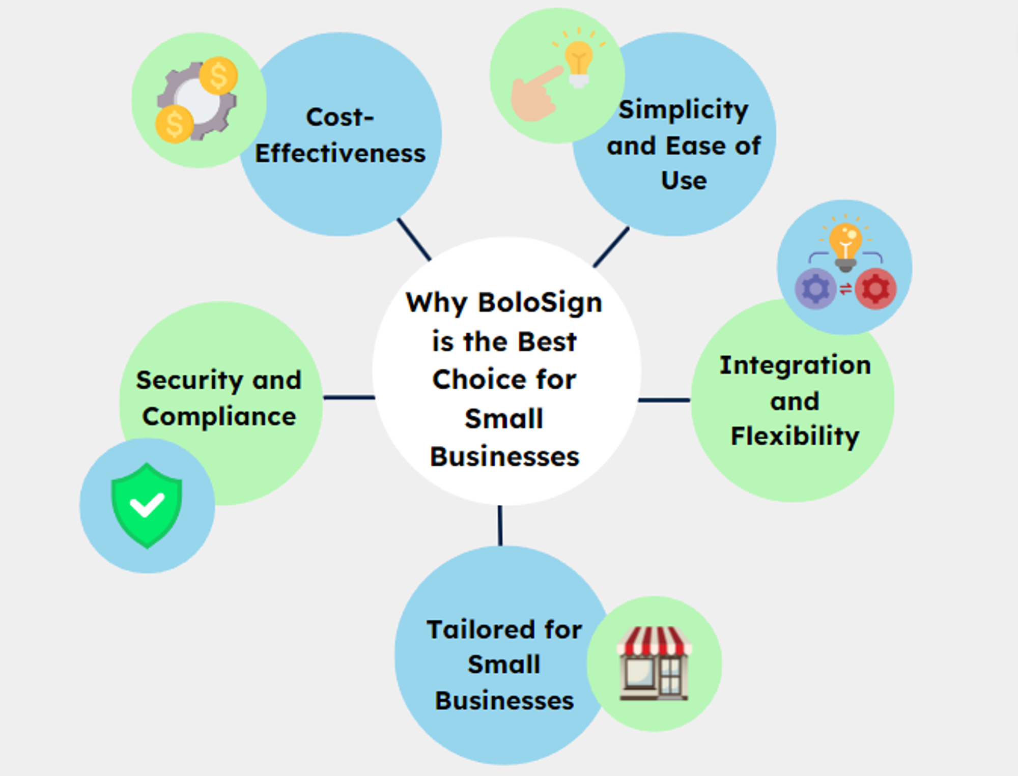 Infographic showing reasons why BoloSign is ideal for small businesses, including cost-effectiveness and ease of use.