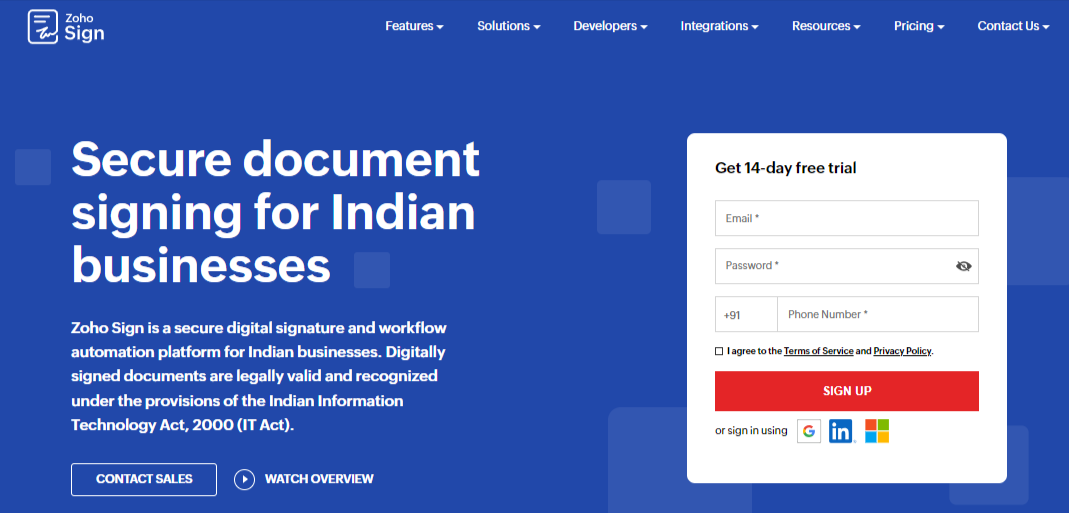 Zoho Sign homepage showcasing their secure document signing solutions tailored for Indian businesses.